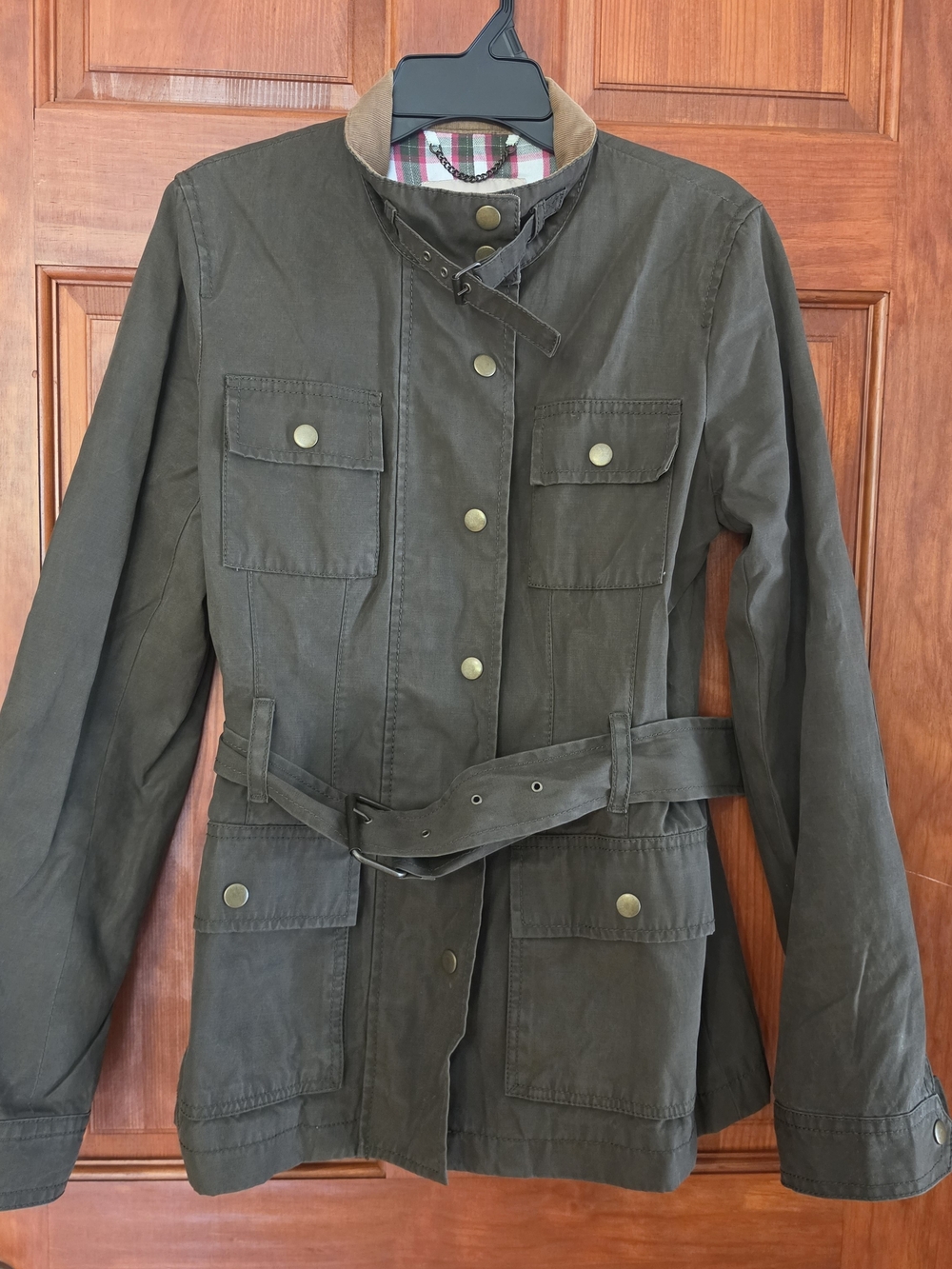 Belted Olive Utility Jacket with Stand Collar, XS